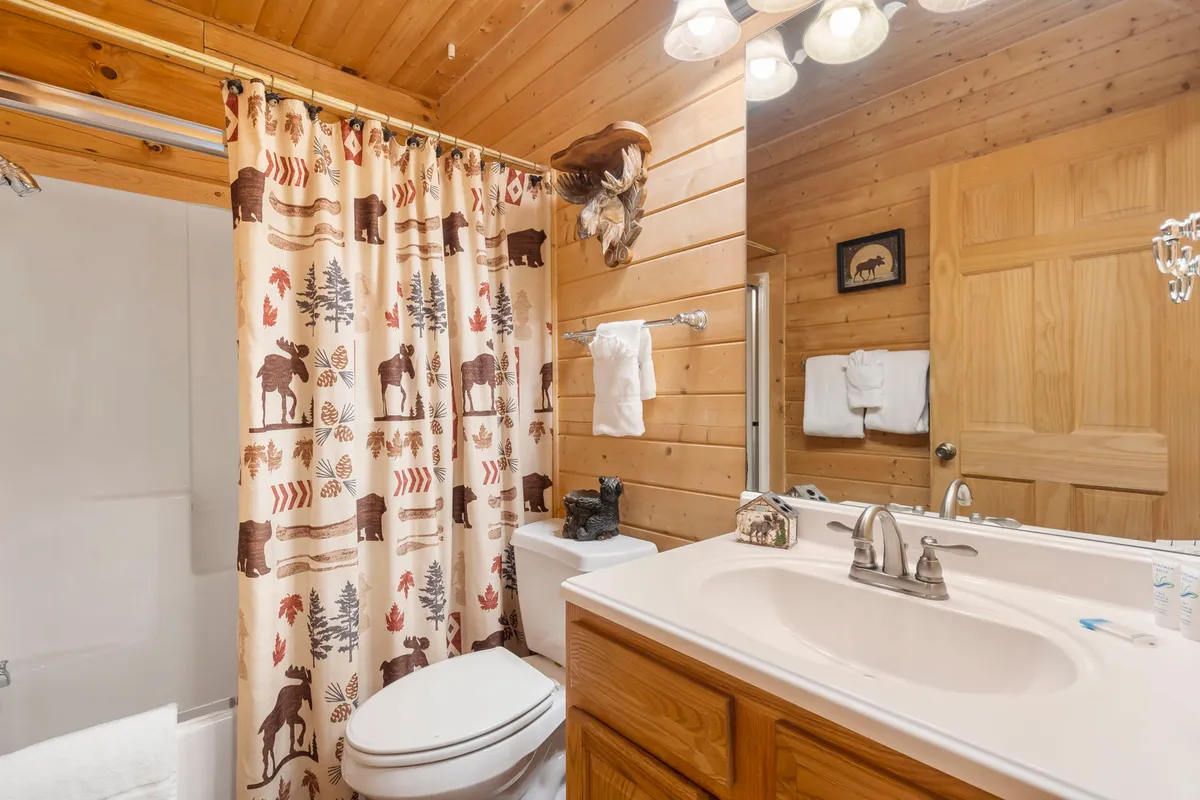 A clean hallway bathroom with wooden walls, a vanity with a sink, and a shower curtain featuring wildlife motifs. The decor is warm, rustic, and practical, creating a welcoming space for all guests.