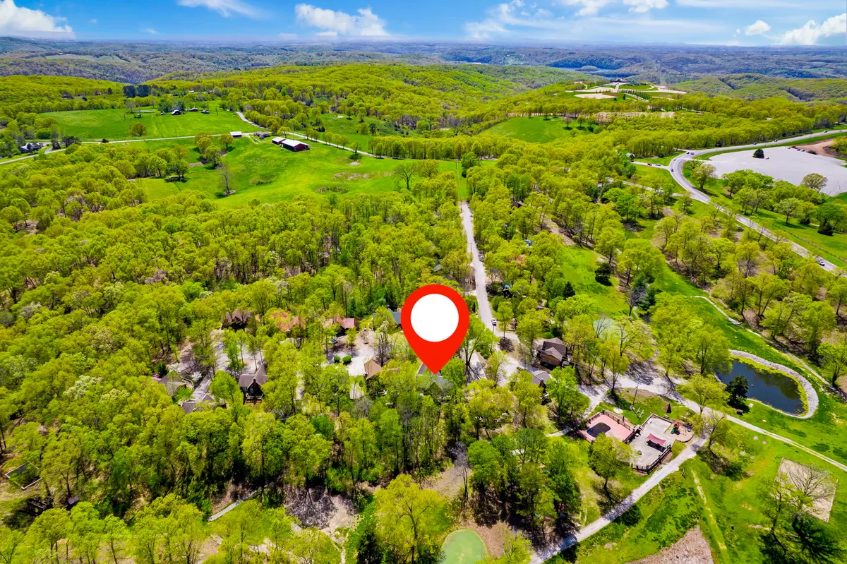 A tranquil view of lush greenery, scattered homes, a meandering road, and a small pond. The landscape invites guests to explore trails, enjoy nature walks, or find quiet moments with their pets in spacious, open areas.