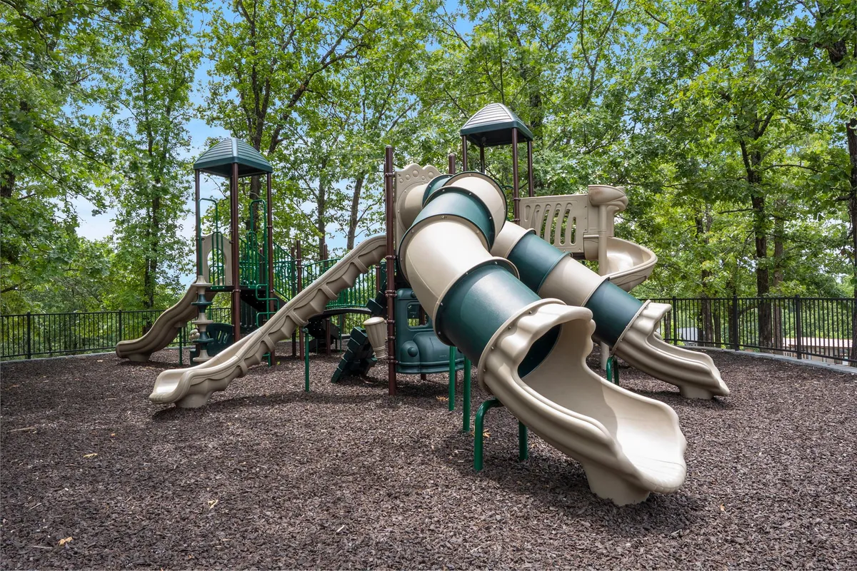 A forested playground with slides and climbing structures where children are seen playing, surrounded by towering trees—an inviting space for joyful family gatherings and picnics.